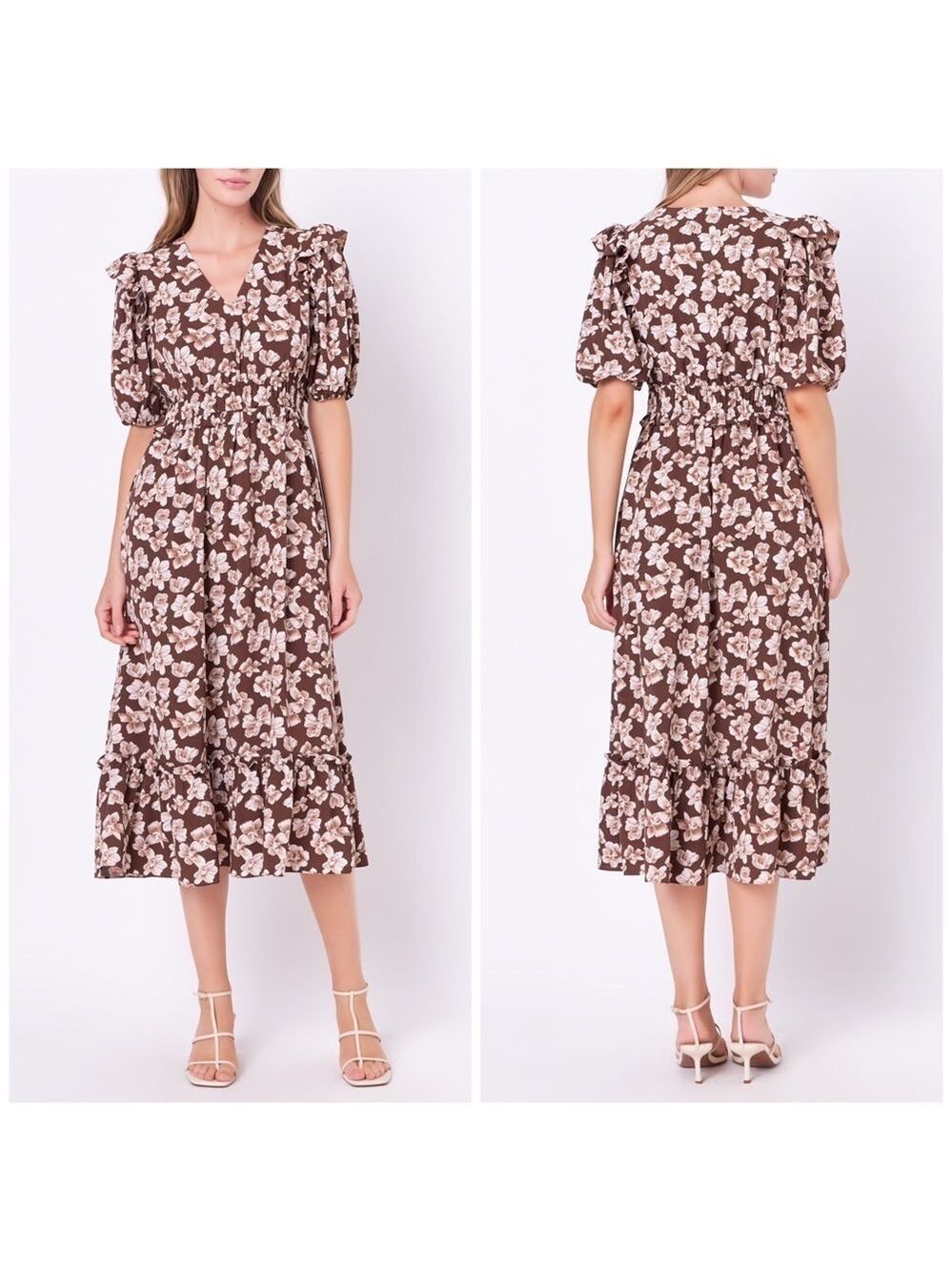 English Factory Crinkled Floral Short Puff Sleeve Brown & Cream Maxi Dress